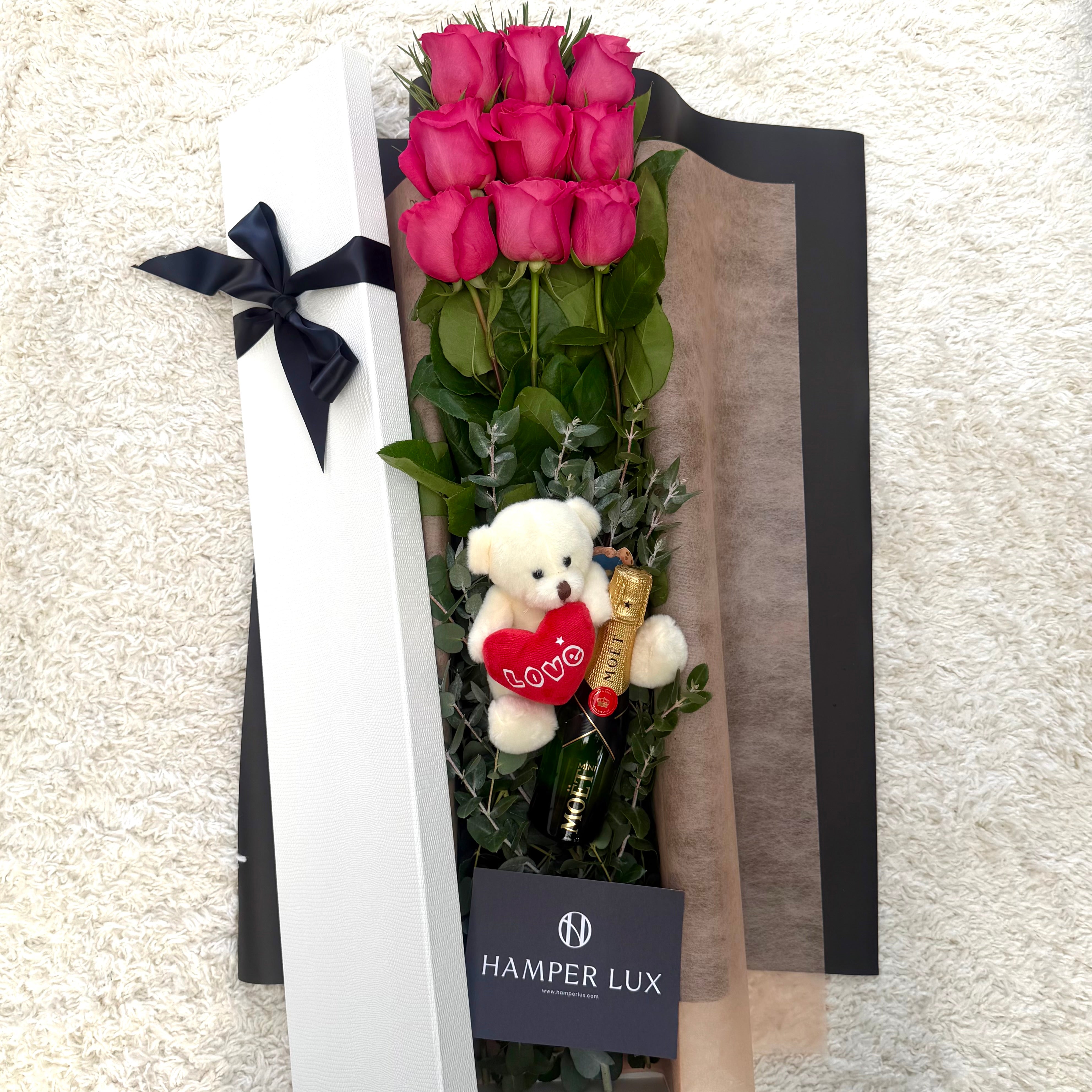 9 Pink Roses with Mini Moët & Teddy