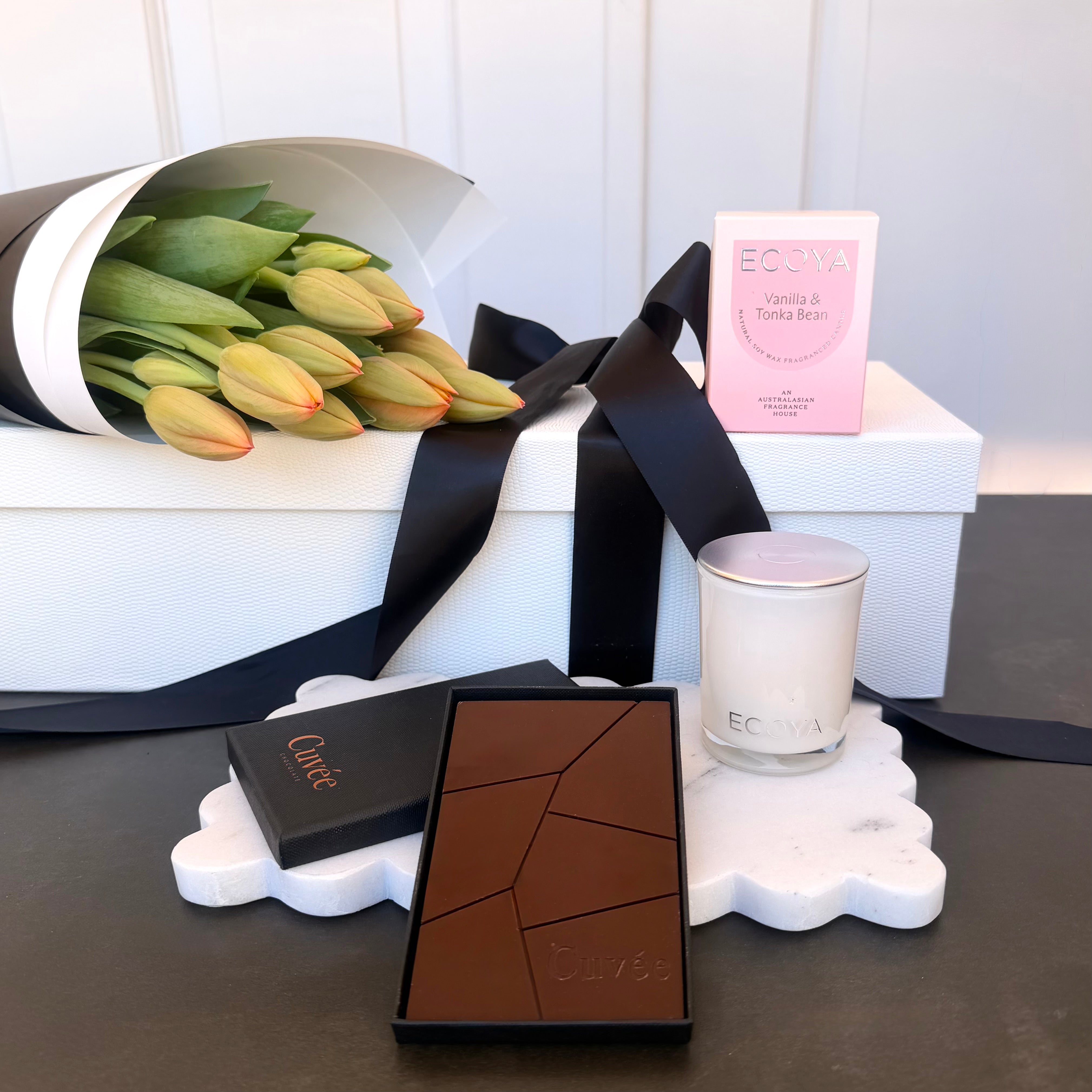 Seasonal Tulips with Candle & Chocolate Gift Box