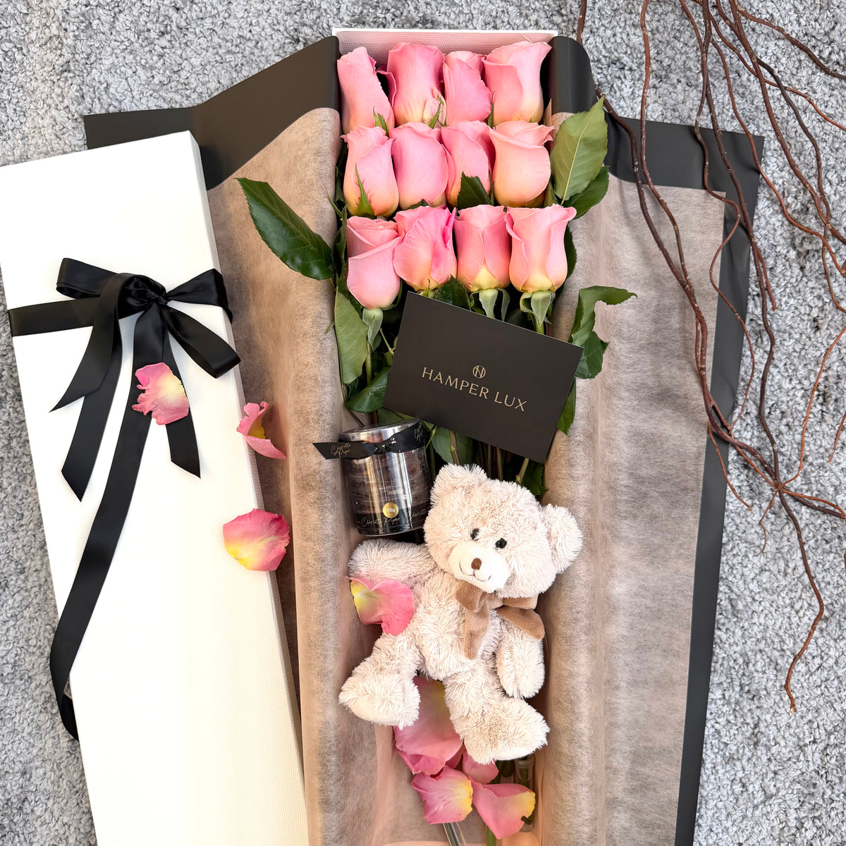 12 Pink Long-Stem Roses with Chocolate & Teddy Gift Box