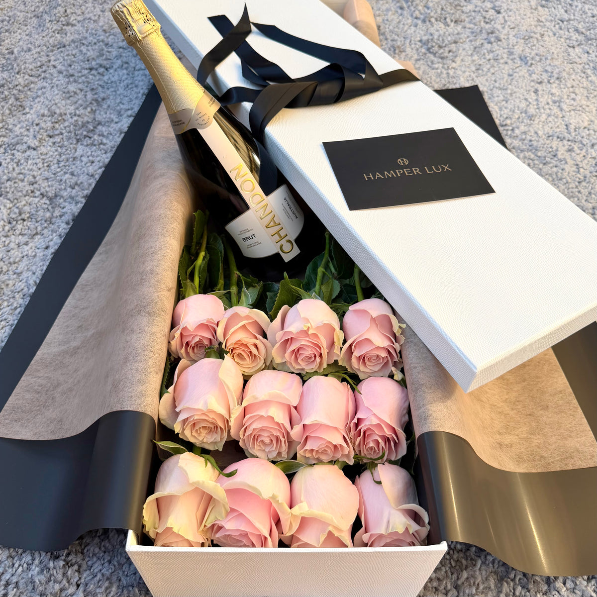 12 Blush Pink Long-Stem Roses & Chandon Gift Box