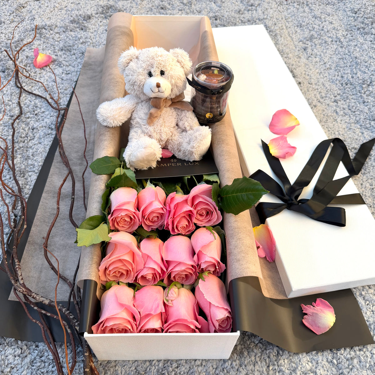 12 Pink Long-Stem Roses with Chocolate & Teddy Gift Box