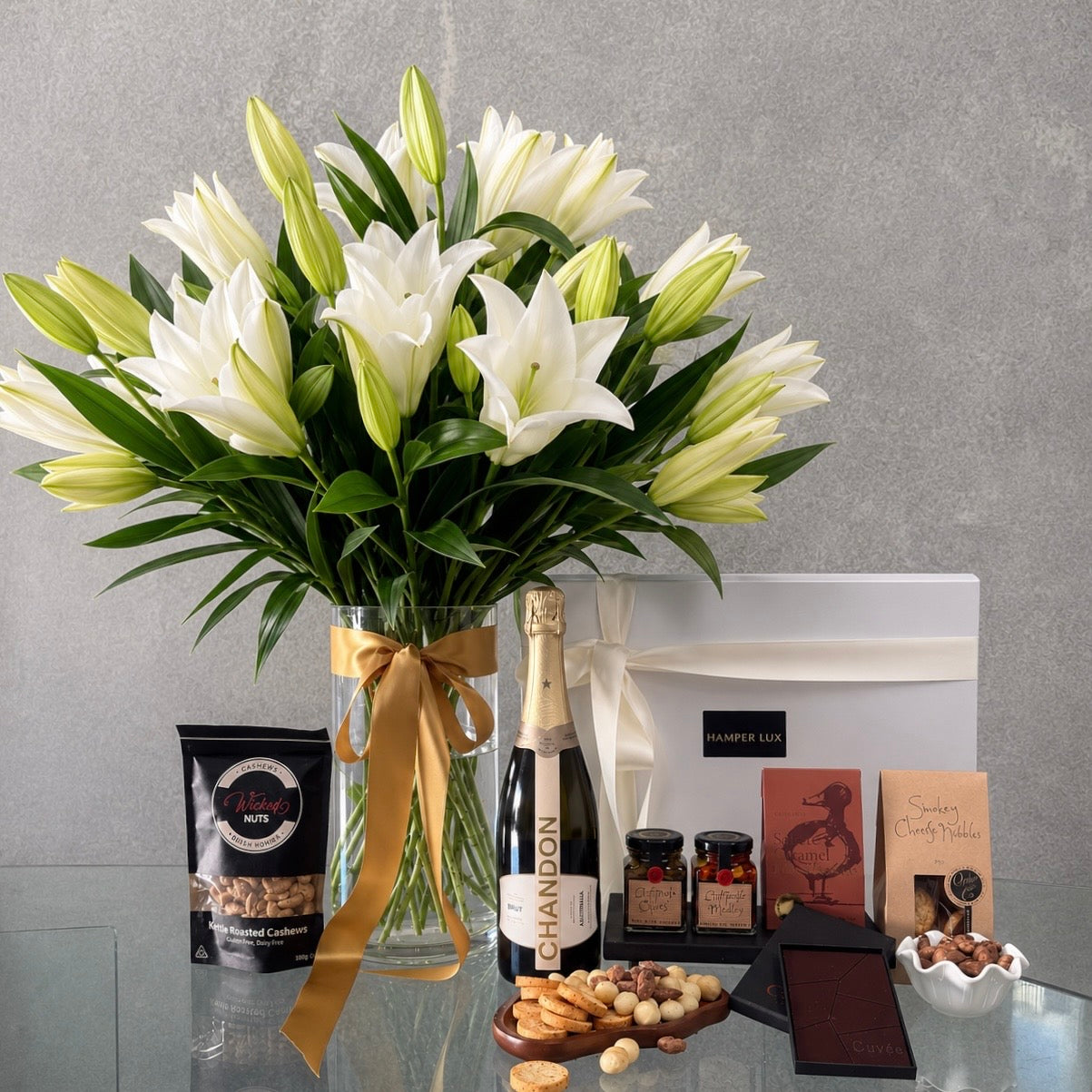 Oriental Lilies in Vase & Hamper