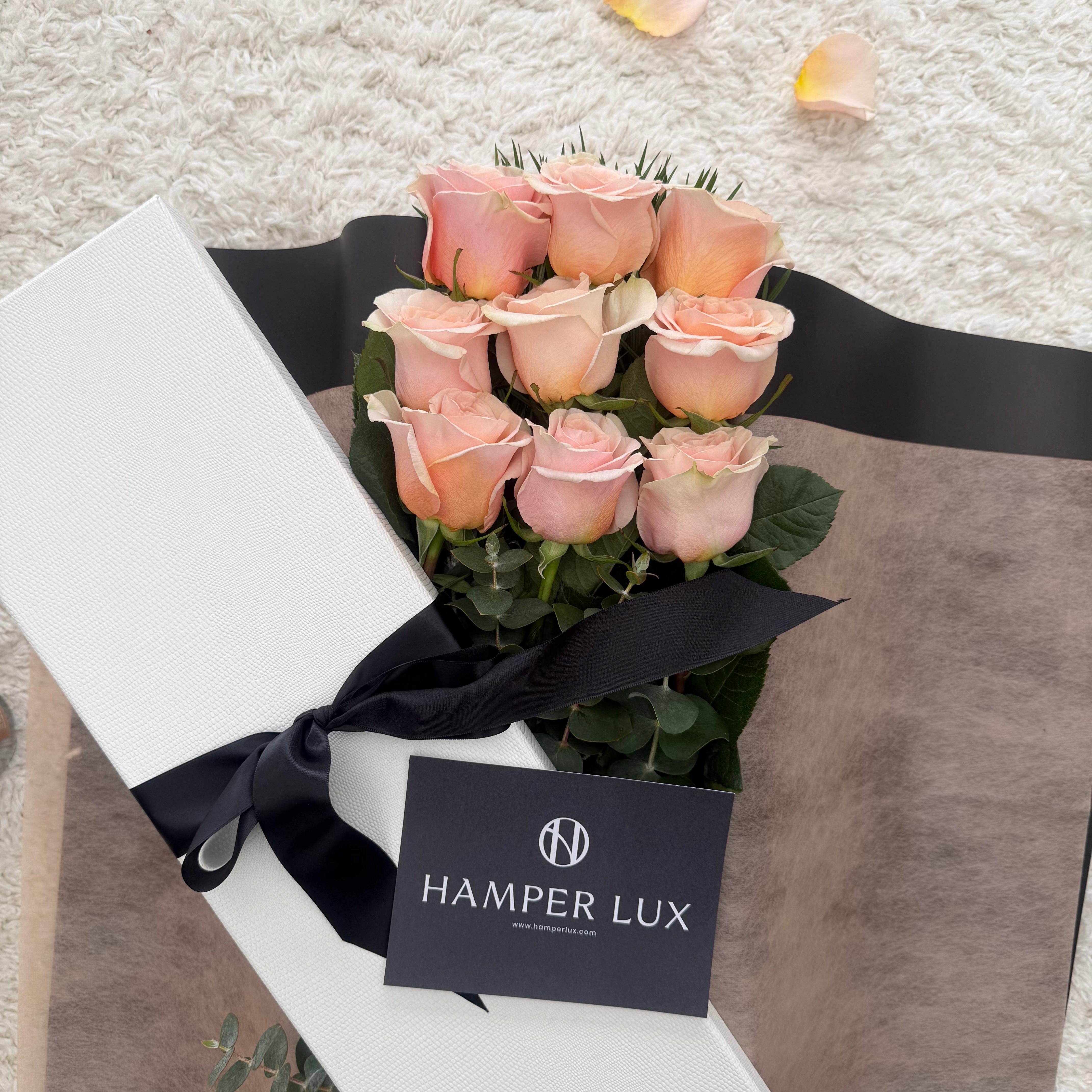 9 Apricot Roses with Candle & Teddy Gift Hamper