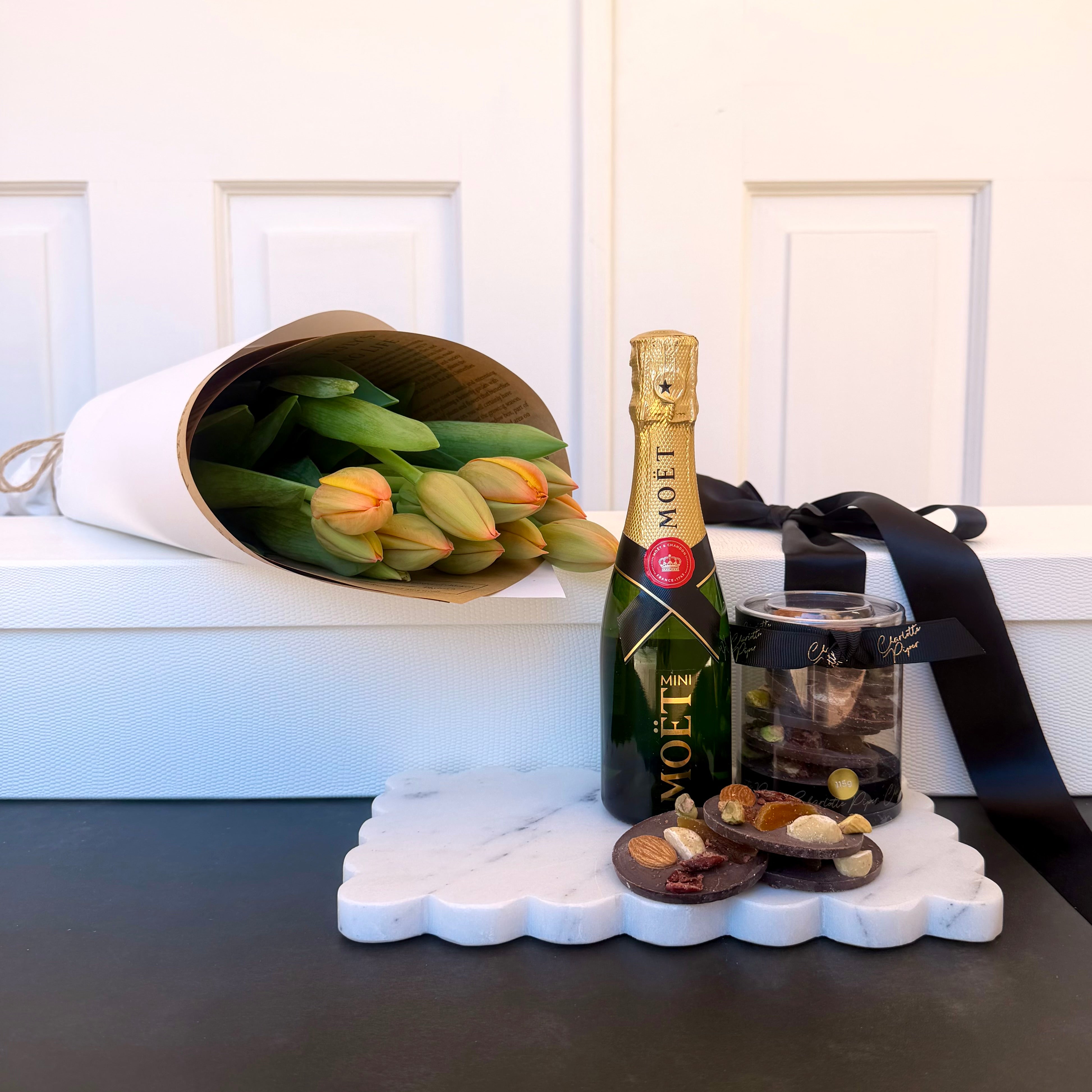 Seasonal Tulips, Mini Moët & Chocolates