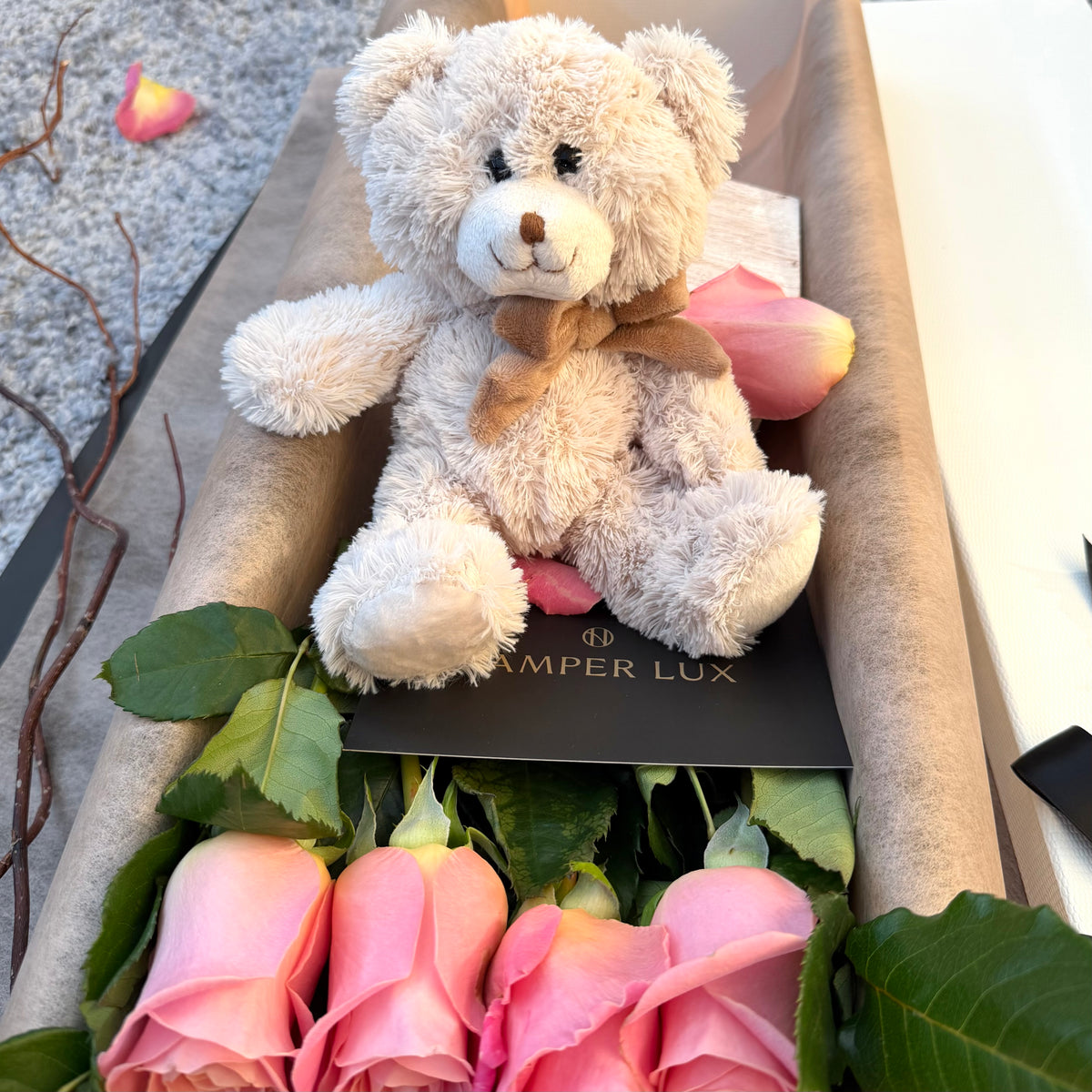 12 Pink Long-Stem Roses with Chocolate & Teddy Gift Box
