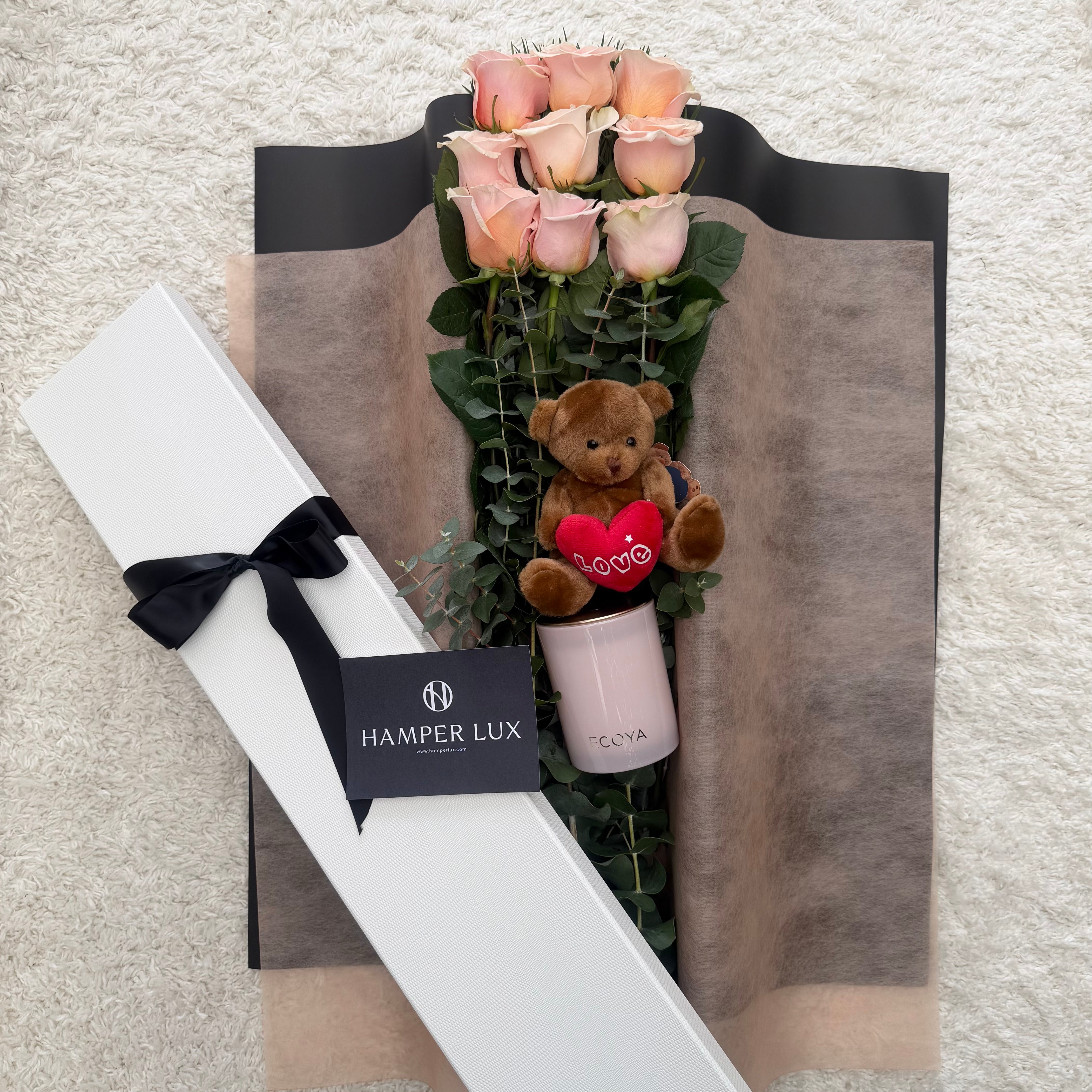 9 Apricot Roses with Candle & Teddy Gift Hamper