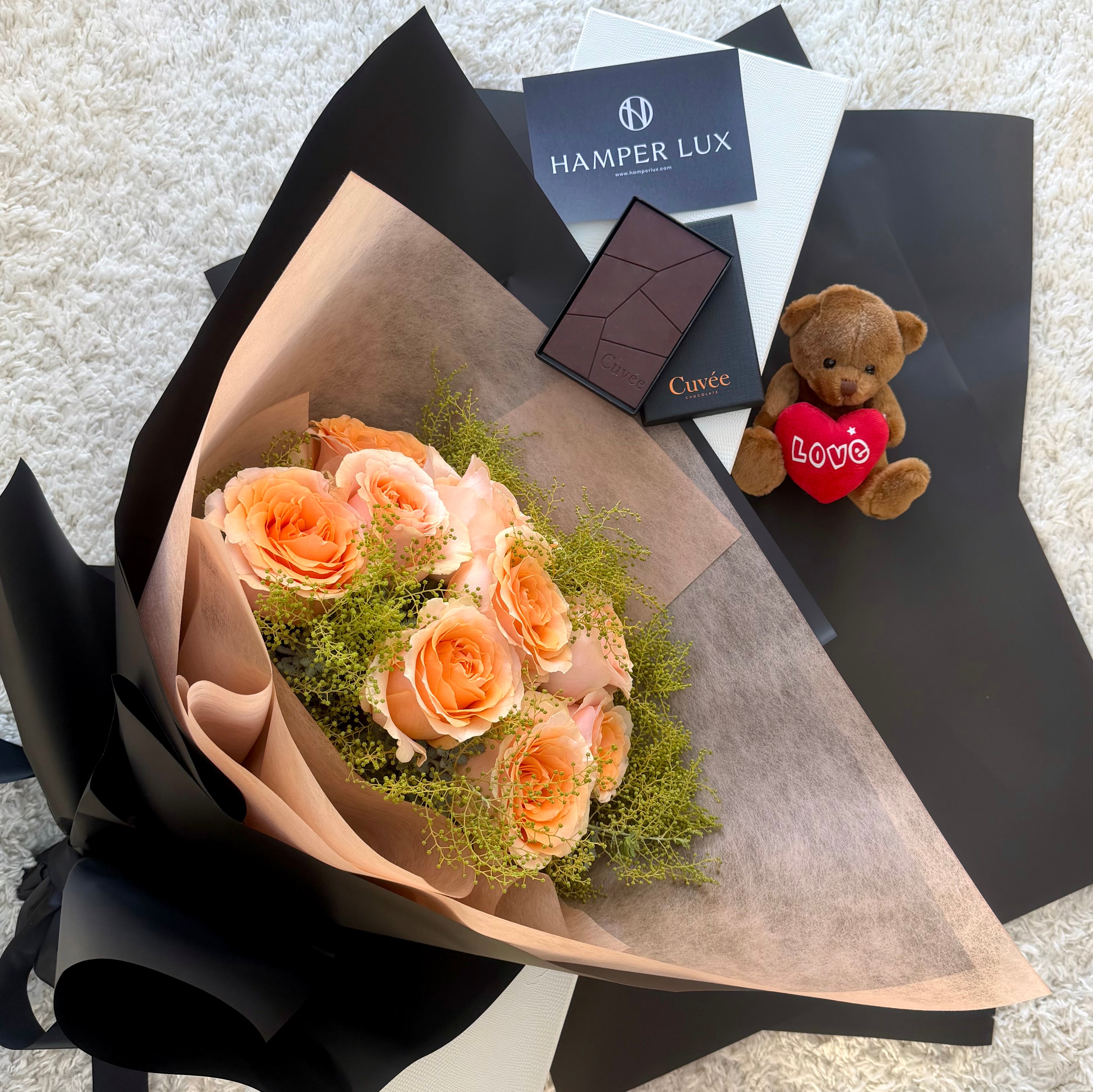 10 Apricot Roses with Teddy & Chocolate