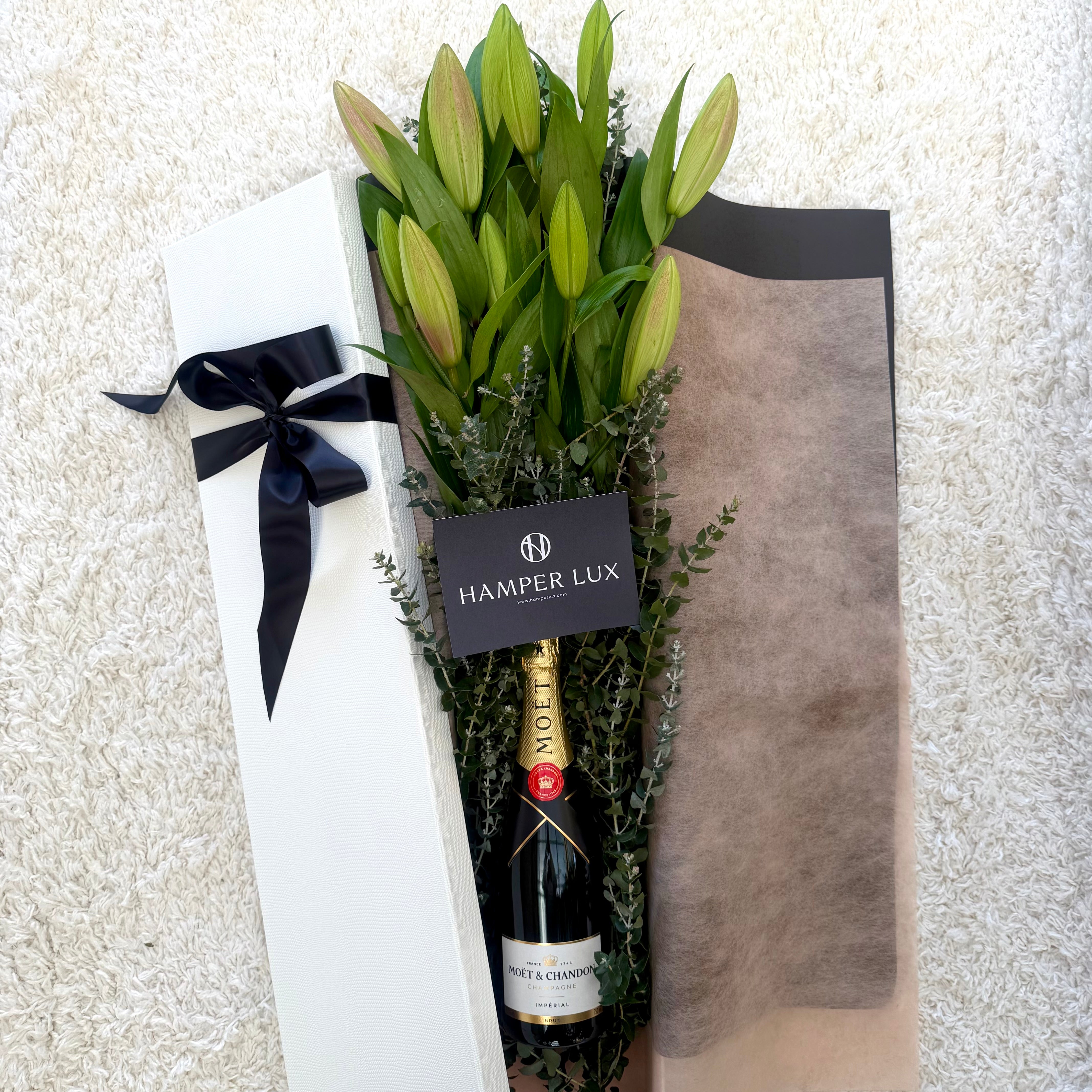 White Oriental Lilies & Moët Chandon Hamper