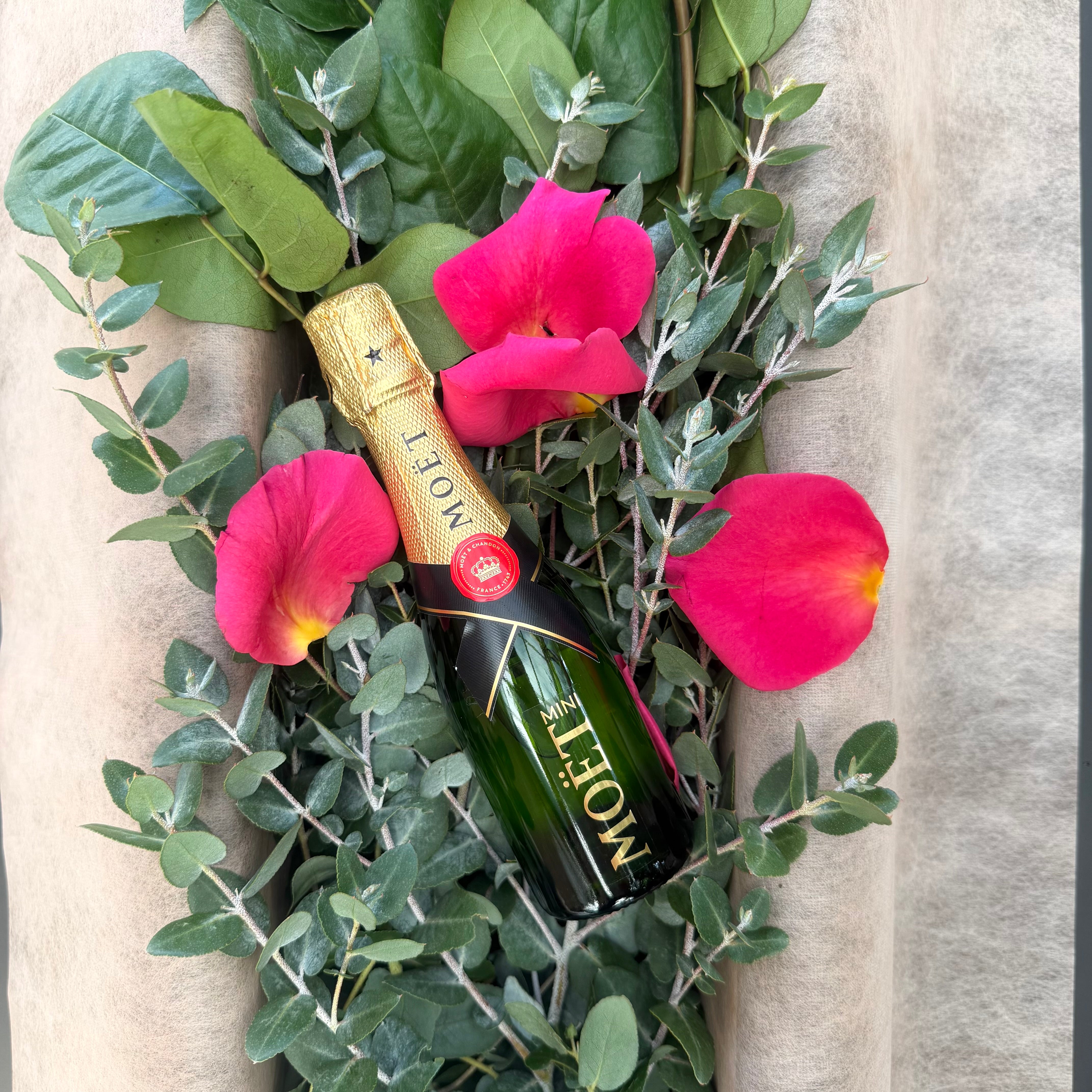 9 Pink Roses with Mini Moët & Teddy