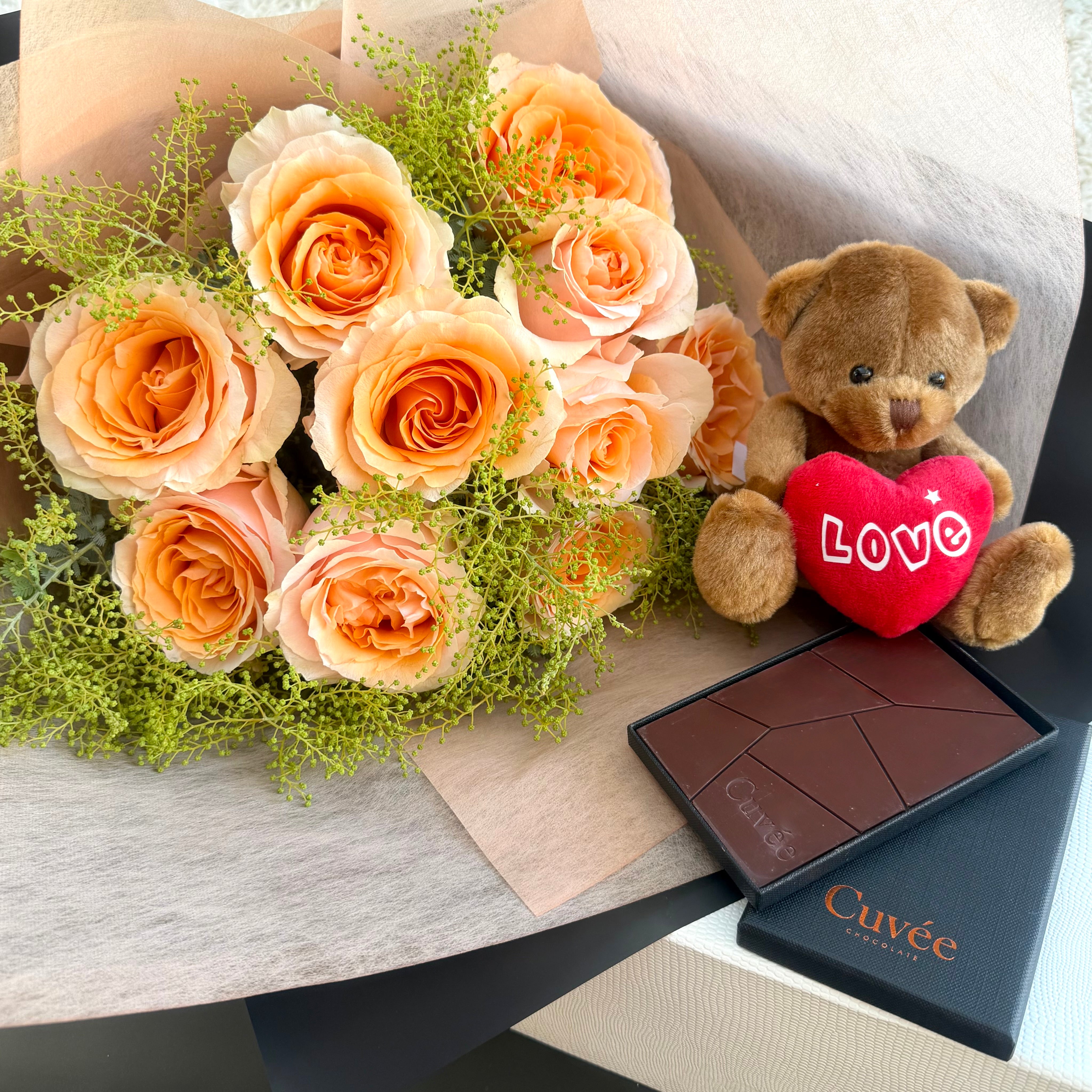 10 Apricot Roses with Teddy & Chocolate