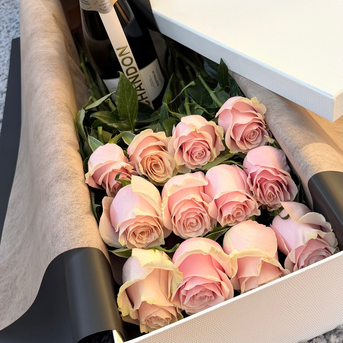 12 Blush Pink Long-Stem Roses & Chandon Gift Box
