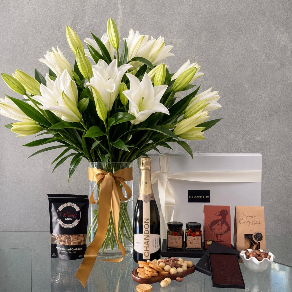 Oriental Lilies in Vase & Hamper